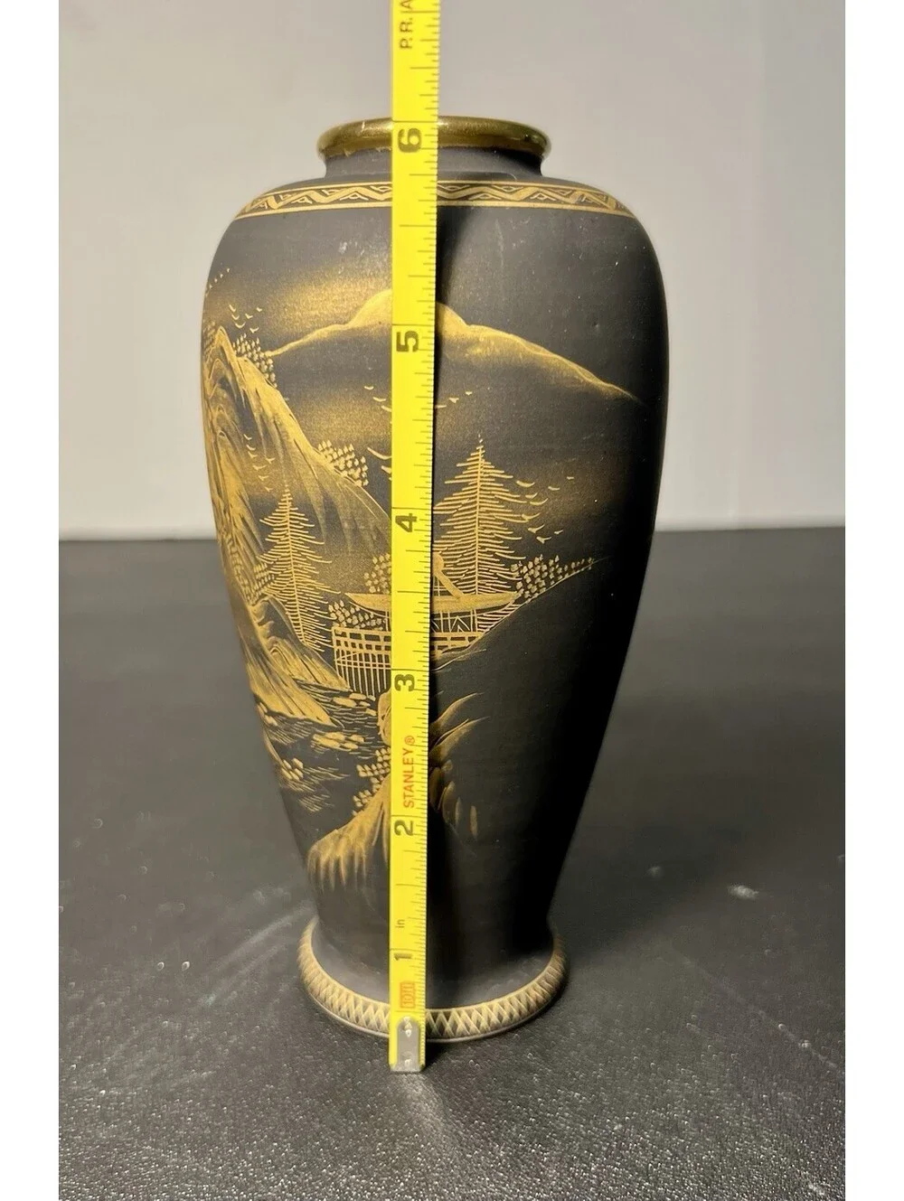 Japanese Vintage 1950s Sansui Landscape Porcelain Vase Gold On Grey Taiga, 2x6”